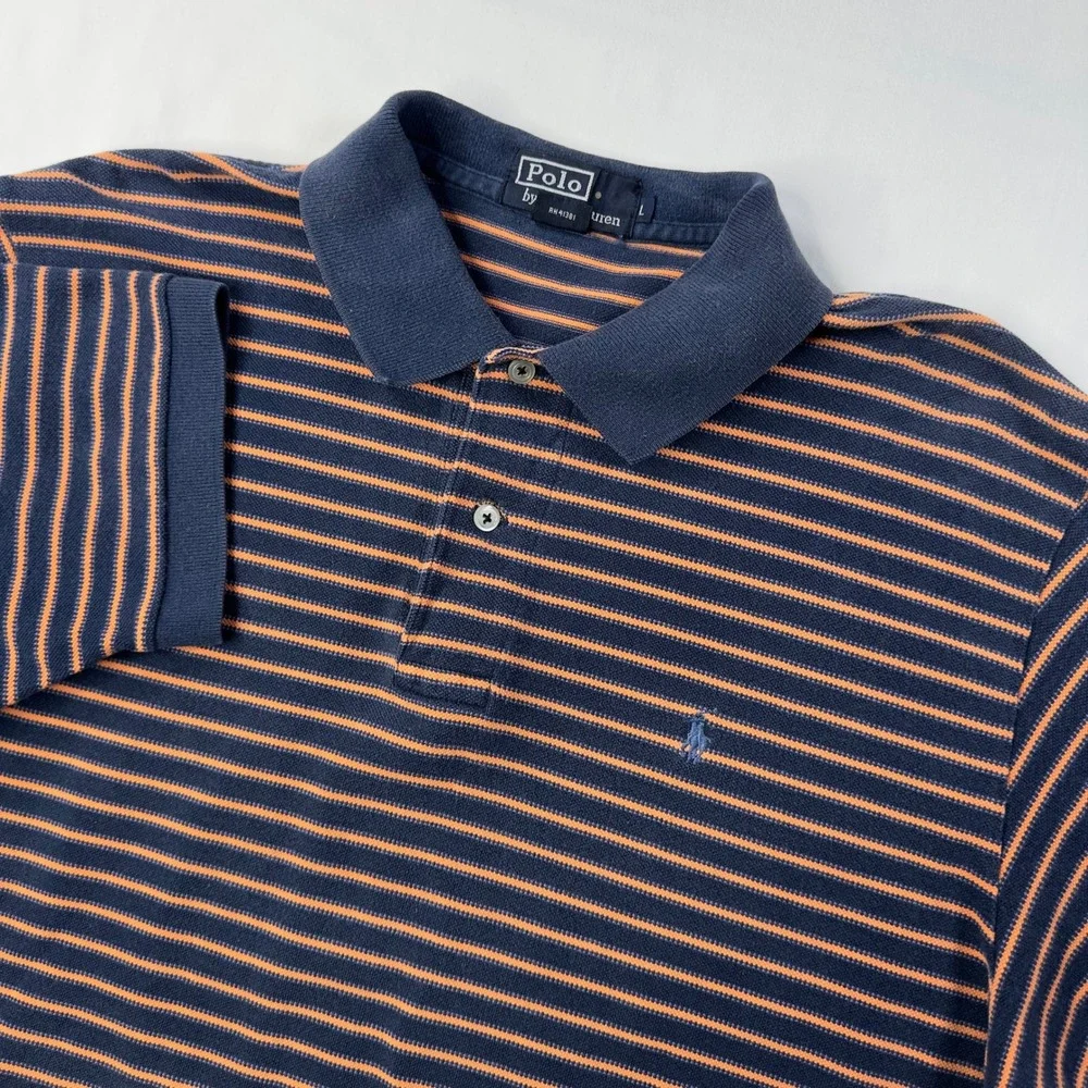 Polo Ralph Lauren Shirt Men's Large Navy Orange Striped Golf Cotton Short Sleeve